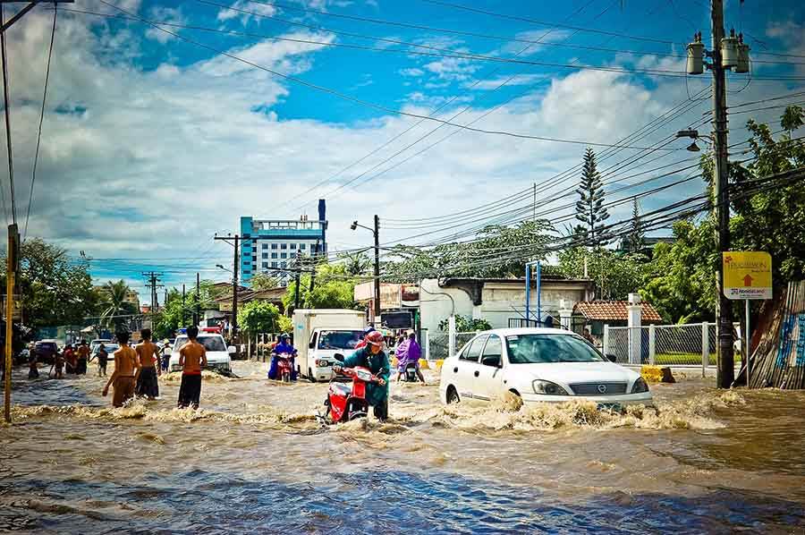 Flooded road in Asia.
