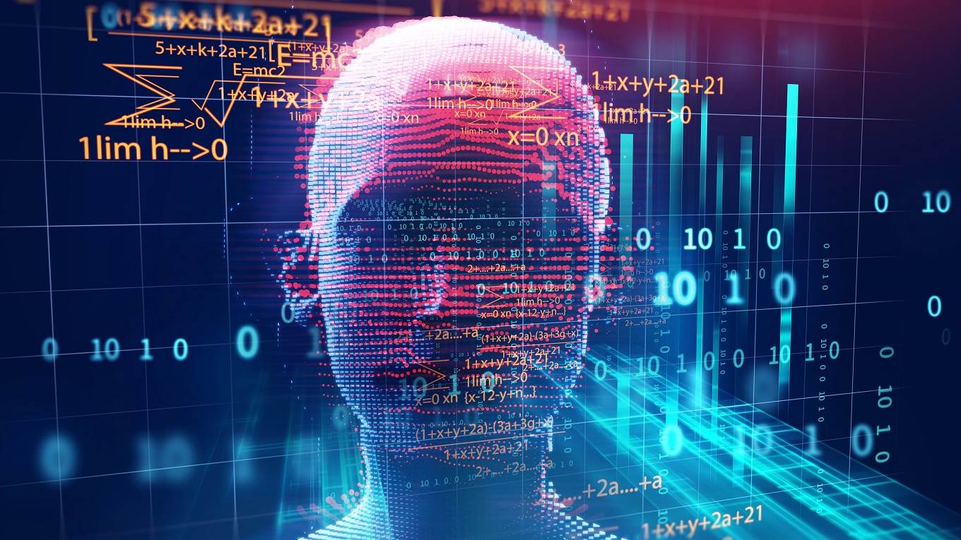 Rendering of human on geometric element technology background represent artificial intelligence