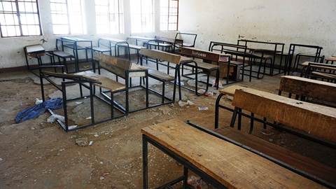 A classroom deserted by students after Boko Haram Islamists kidnapped 110 school girls