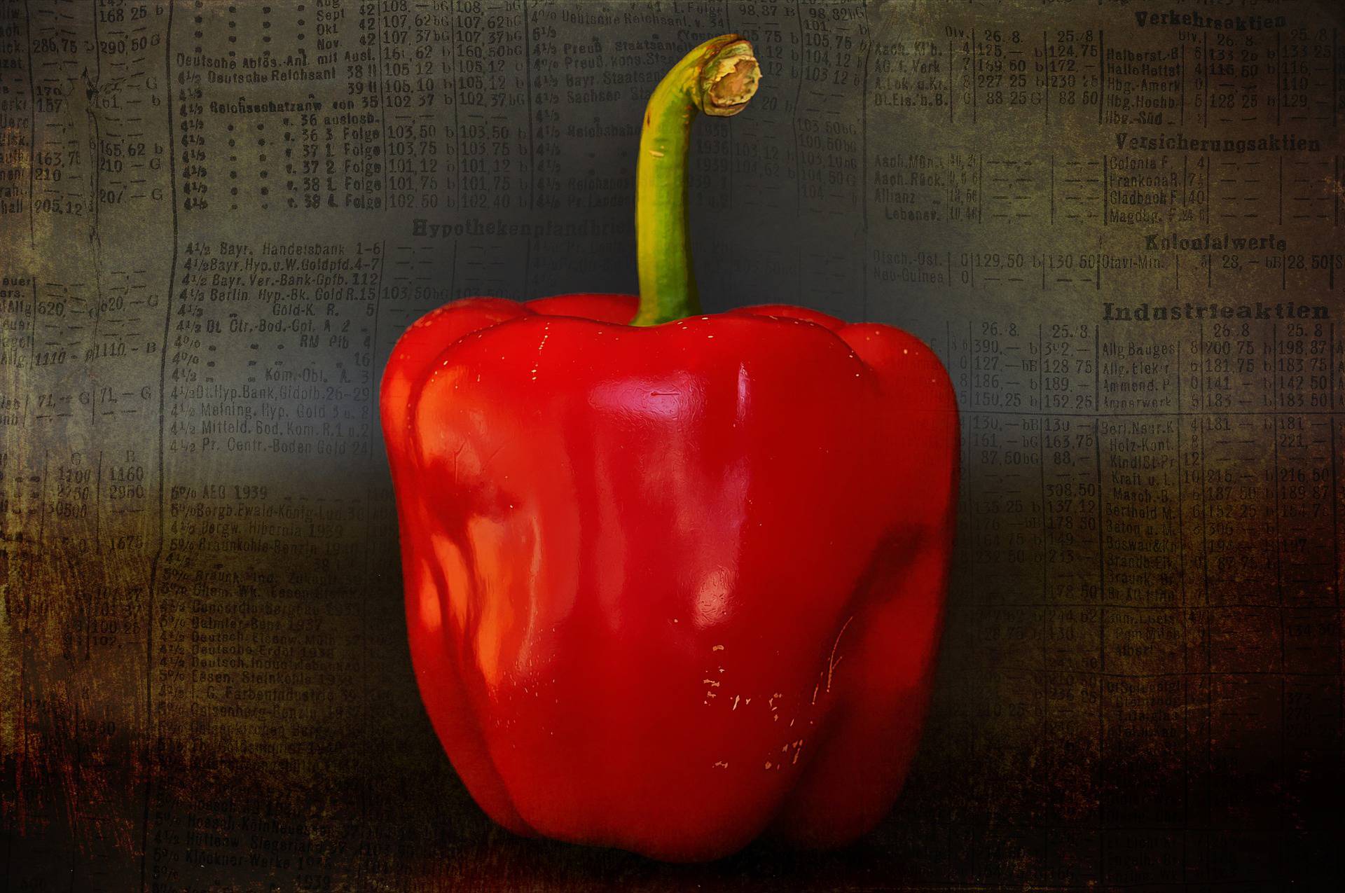 Artistic image of paprika foregrounding a newspaper.