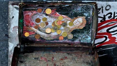 Picture of Euro coins in the box of a street performer