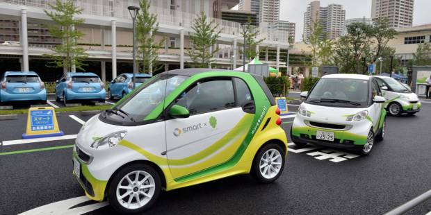 Mercedes Benz's electric cars are provided for car sharing as part of a smart city project at Kashiwanoha