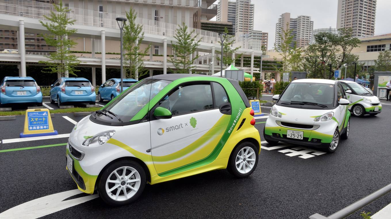 Mercedes Benz's electric cars are provided for car sharing as part of a smart city project at Kashiwanoha