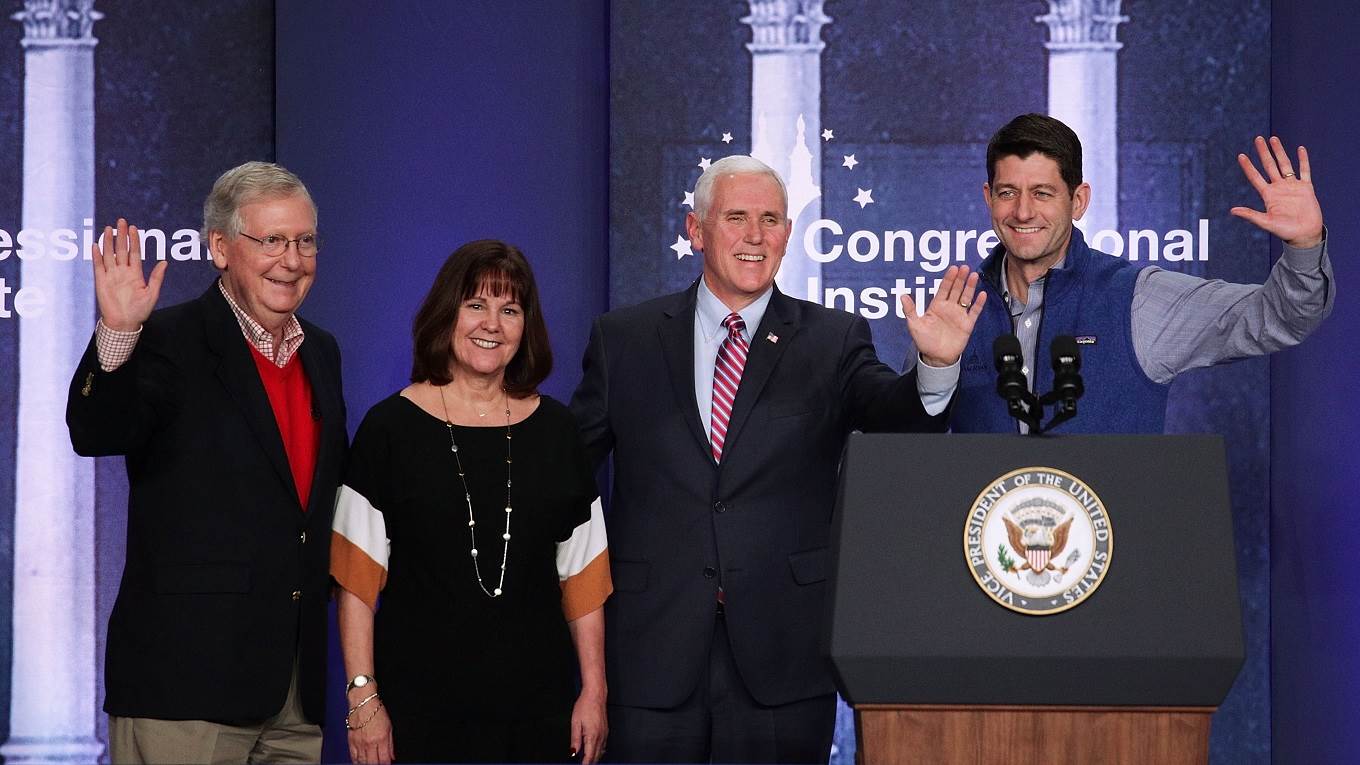Vice President Mike Pence (3rd L) and his wife Karen Pence, Senate Majority Leader Mitch McConnell (R-KY) (L) and Speaker of the House Paul Ryan