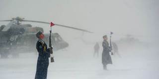 Belarus honor guards in front of new Russian Mi-8mtv-5 helicopters