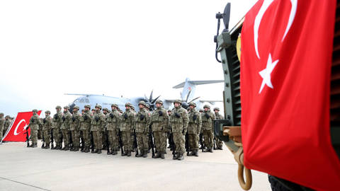 Turkish soldiers of the 66th Mechanized Infantry Brigade Command stand in formation during a send-off ceremony at Corlu Air Base in Tekirdag, Türkiye, before departing for the NATO Steadfast Dart 2026 exercise in Germany.