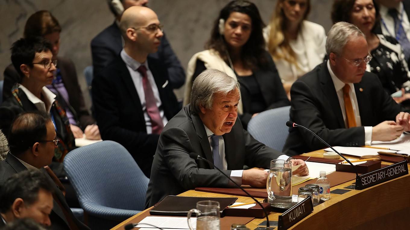 UN Secretary-General Antonio Guterres addresses the assembly during a UN Security Council meeting