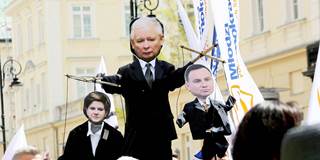An effigy of the leader of the Law & Justice Party (PiS), Jaroslaw Kaczynski holding Premier Beato Szydlo and Polish President Andrzej Duda as puppets 