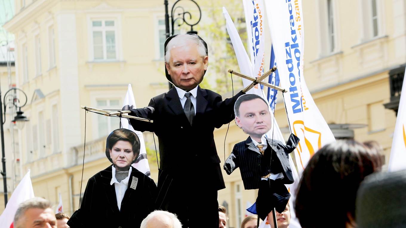 An effigy of the leader of the Law & Justice Party (PiS), Jaroslaw Kaczynski holding Premier Beato Szydlo and Polish President Andrzej Duda as puppets