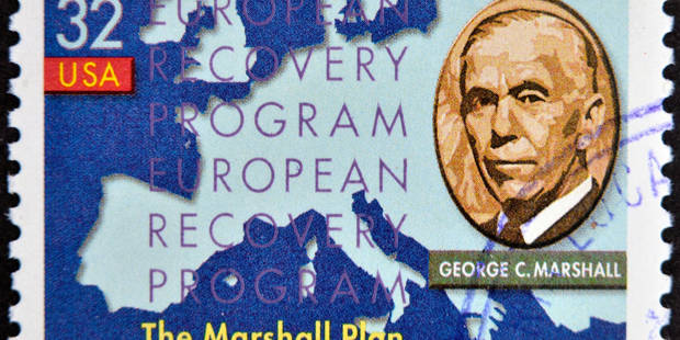 Stamp printed in the USA shows George Marshall