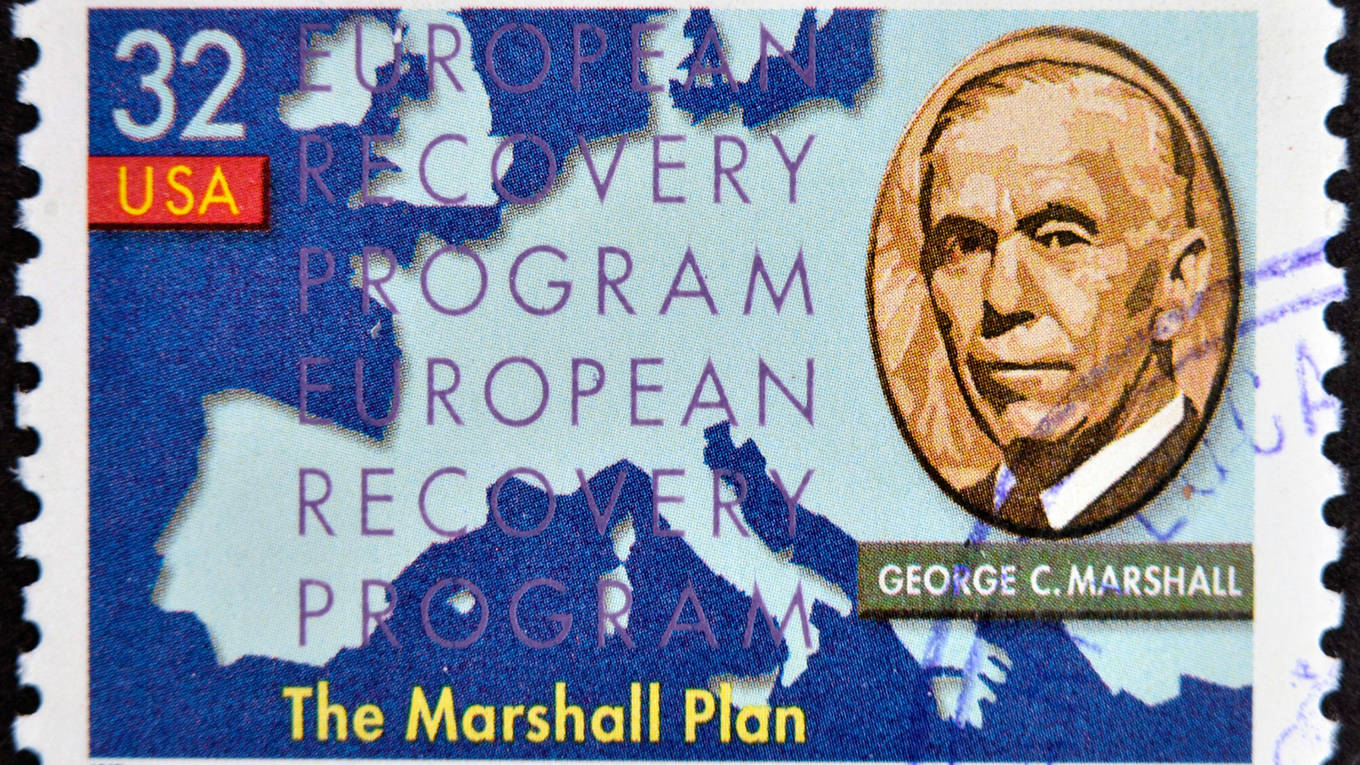 Stamp printed in the USA shows George Marshall