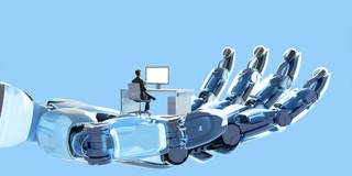 A conceptual illustration of the future of work showing humans interacting with artificial intelligence systems, with robotic or digital elements integrated into a modern workspace to symbolize collaboration between people and AI.