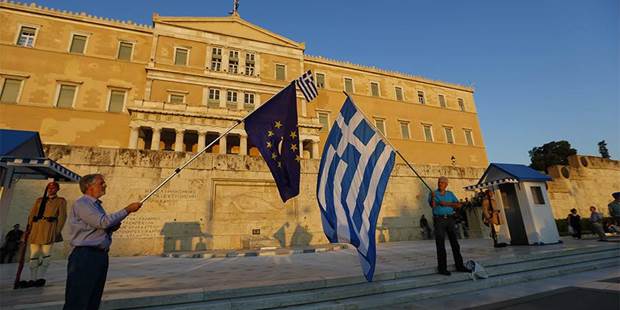 Greek flag and EU flag Greek Parliament