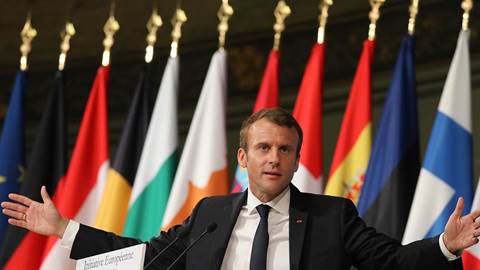 French President Emmanuel Macron delivers a speech in the Sorbonne University