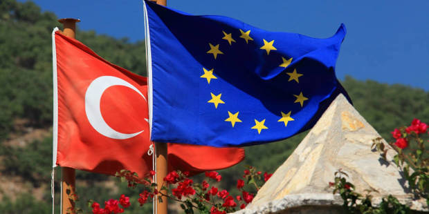 Turkey flag behind European Union flag.