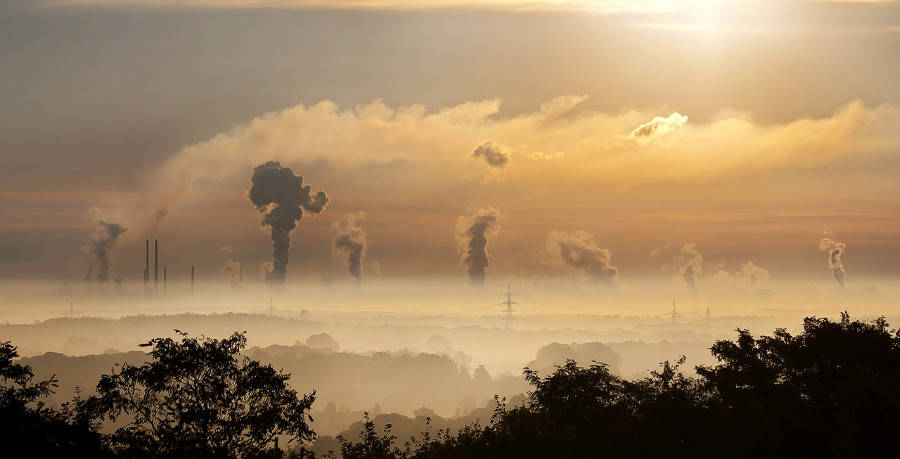 Forest and industrial field with pollution overhead