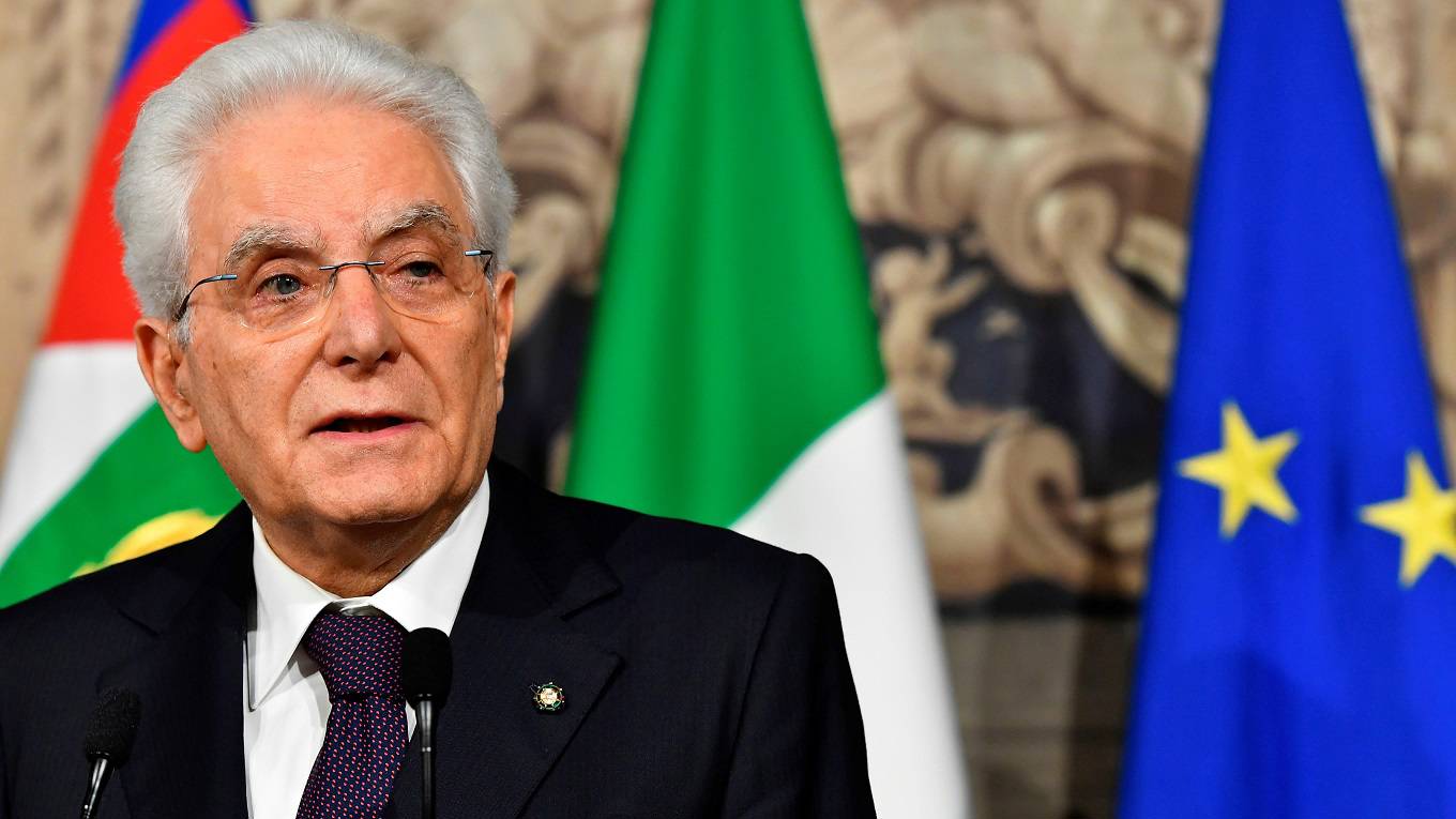 Italy's President Sergio Mattarella addresses journalists