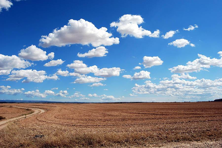 Bright blue sky over dry field.