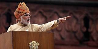 Indian Prime Minister Narendra Modi gestures as he delivers his Independence Day speech