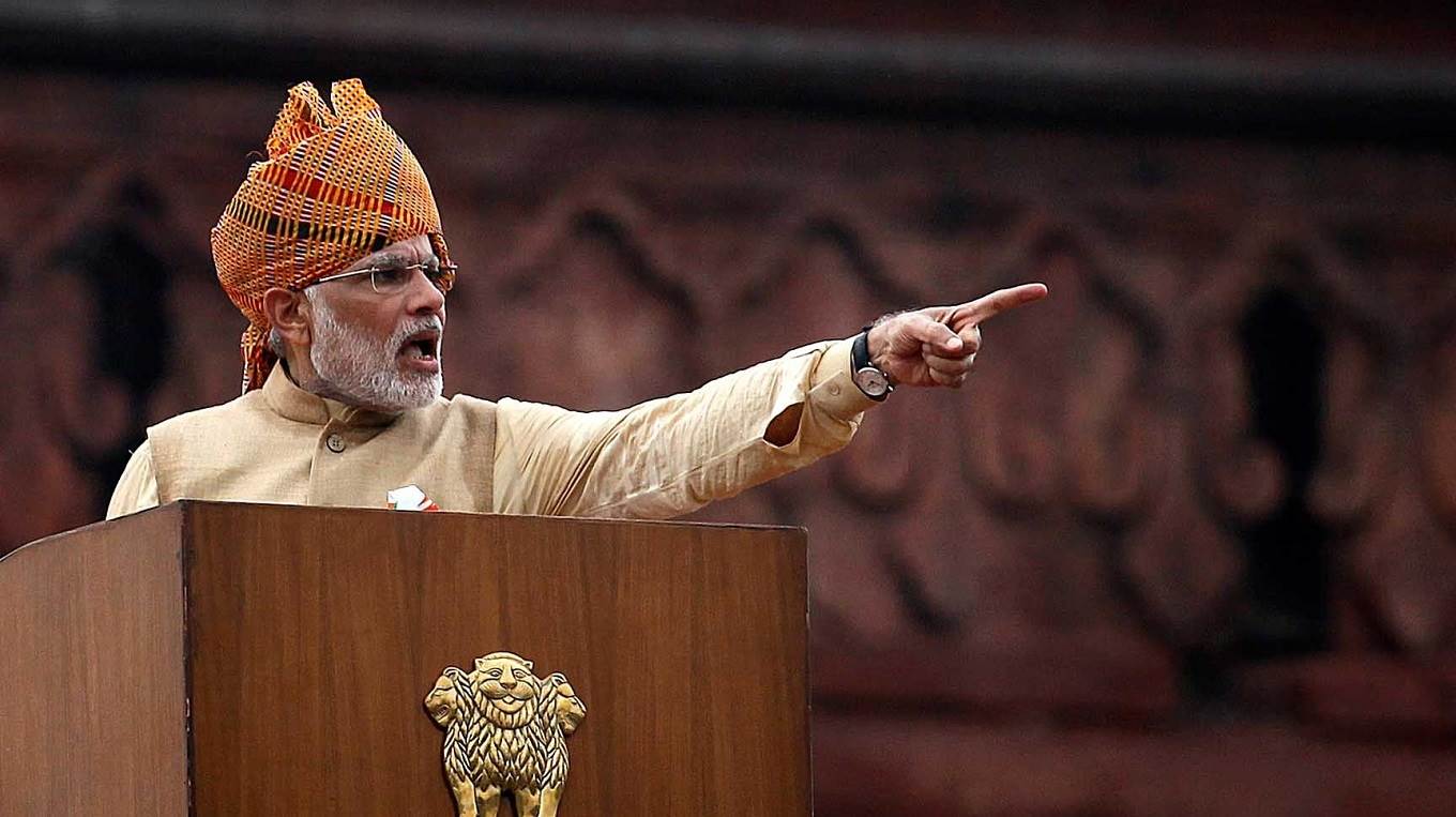 Indian Prime Minister Narendra Modi gestures as he delivers his Independence Day speech