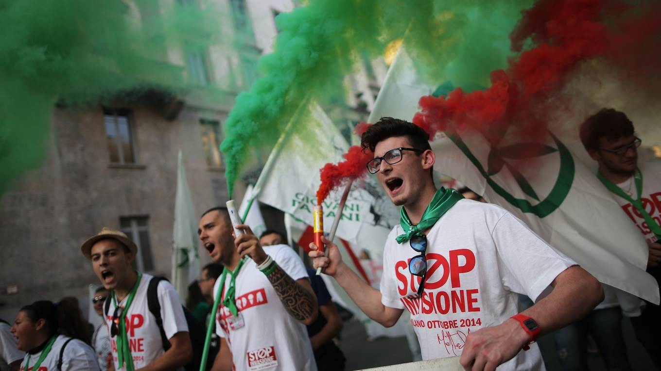 Supporters of the federalist and regionalist Italian political party, Lega Nord, and far-right activists demonstrate against immigration