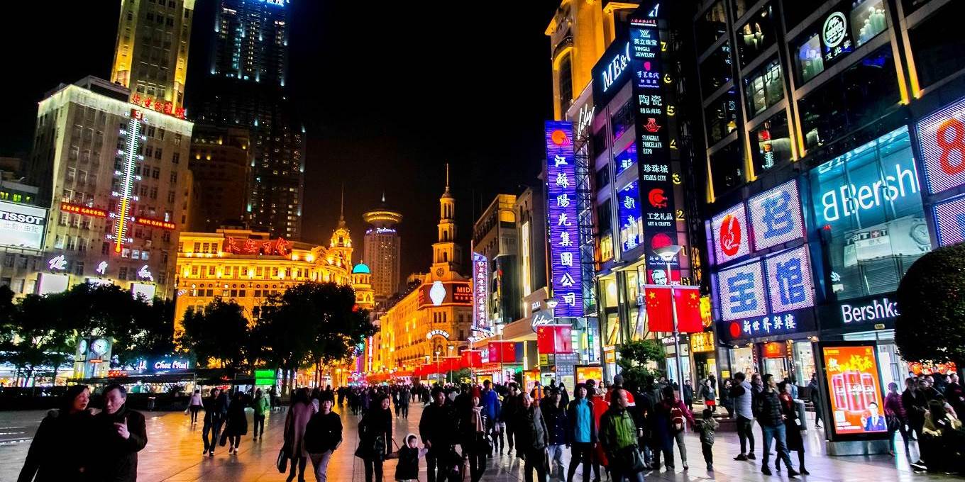 Bright signs in the main shopping street of the city centre in Shanghai