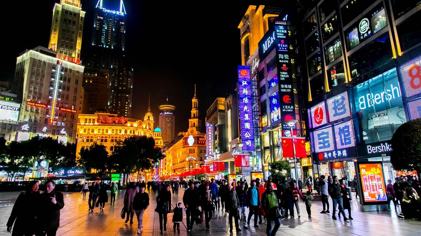 Bright signs in the main shopping street of the city centre in Shanghai