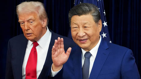 U.S. President Donald Trump and Chinese President Xi Jinping pose for photos before their meeting at Gimhae Air Base on October 30, 2025 in Busan, South Korea.