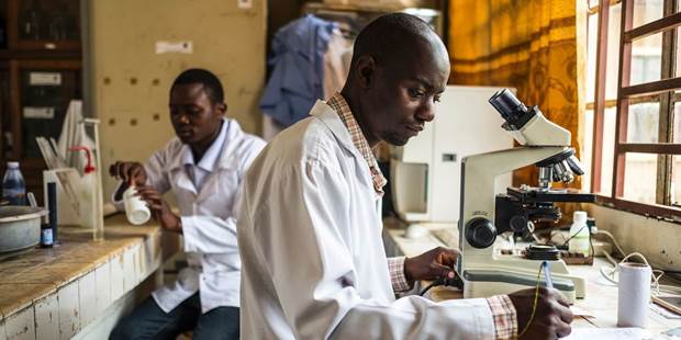 Students work at a laboratory at the Catholic University of Graben in Butembo