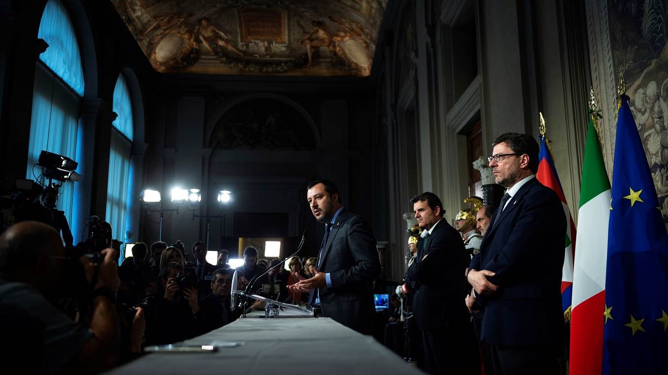 Matteo Salvini, Leader of Lega political party speaks to the press after a new day of meetings with Italian President on formation of the new government