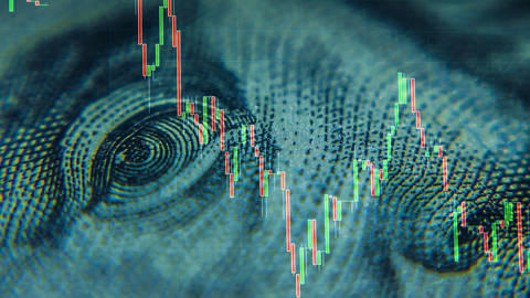 Zoomed in on Franklin's eye on 100 dollar bill with a graph overlaying it