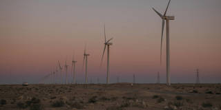 Aerial view of a wind farm in the Nouadhibou region along Mauritania’s Atlantic coast, with rows of wind turbines stretching across the landscape under a clear sky, February 4, 2026. Mauritania plans to reach 50% renewable energy by 2030 using solar and wind power.