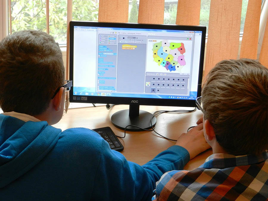 Schoolchildren at a computer terminal
