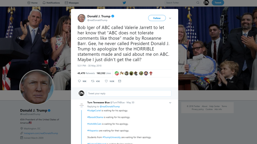 Trump's tweet about Roseanne Barr