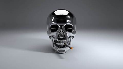 Chrome skull with a cigarette.