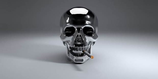 Chrome skull with a cigarette.