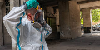 Participants engage in chemical, biological, radiological, nuclear, and explosive (CBRNE) training exercises in Dnipro, Ukraine, as part of a program by International Medical Corps and the Harvard Humanitarian Initiative to train healthcare workers, public safety professionals, and the local community in emergency and trauma care. Training is transitioning to be locally led by Ukrainian staff.