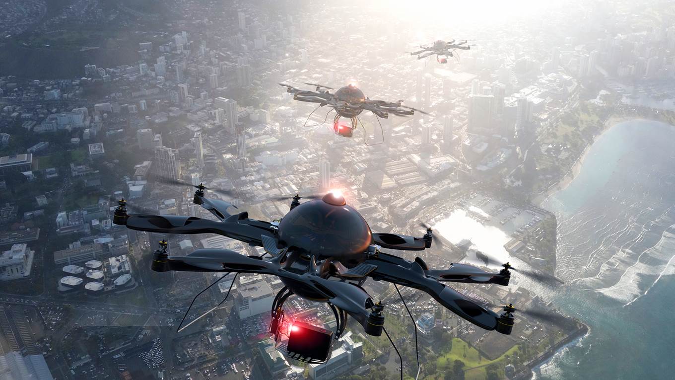 Drones flying over Honolulu cityscape, Hawaii, United States