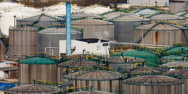 A chemical and mineral oil storage facility is seen at Hamburg Port