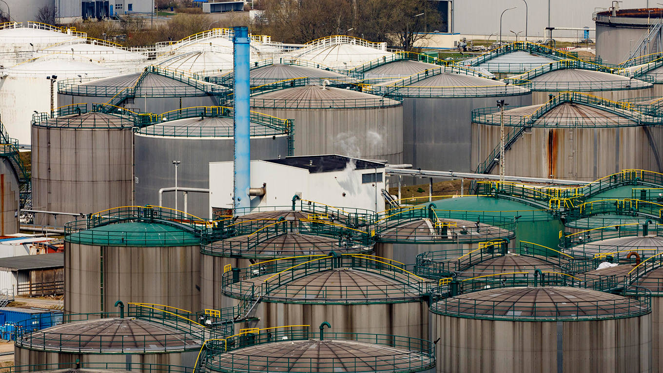 A chemical and mineral oil storage facility is seen at Hamburg Port