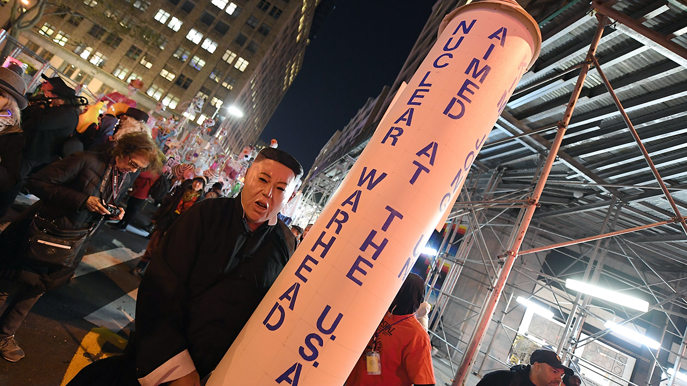 A person dressed as Kim Jong-un