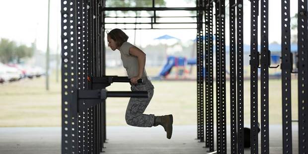 Female soldier push up training at military air force base