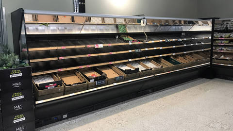 Empty fresh fruit shelves at a Marks & Spencer store in Belfast, illustrating supply‑chain disruption, with some product lines temporarily unavailable.