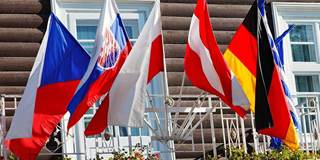 European Union flags on a terrace.