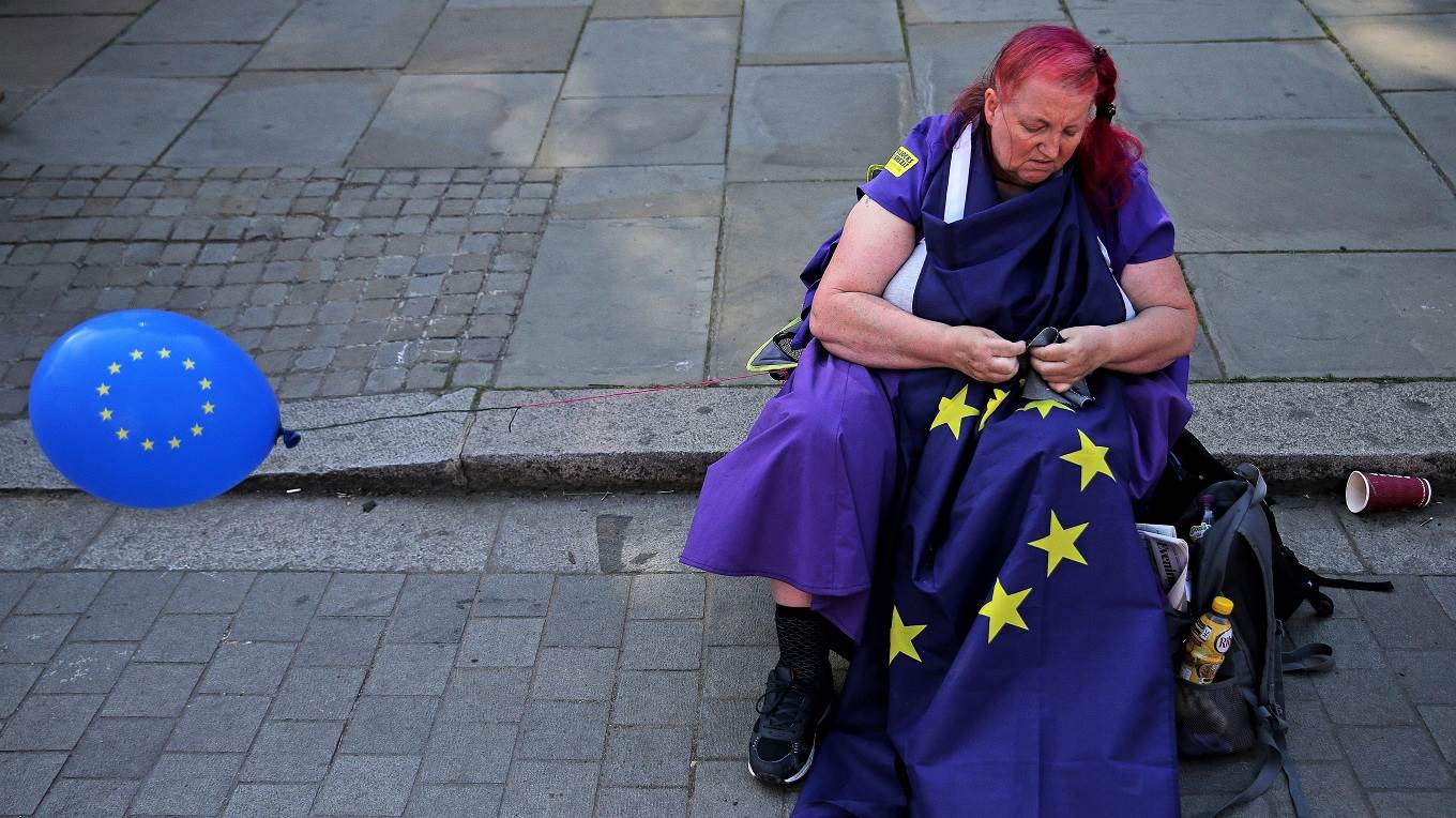 A pro-EU demonstrator sits and holds an EU flag