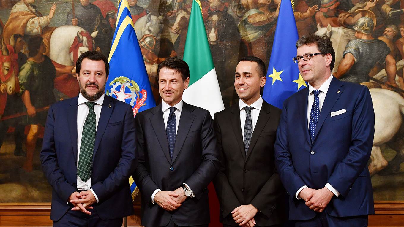 Italys Newly appointed Prime Minister Giuseppe Conte, Italys Interior Minister and deputy Prime Minister Matteo Salvini, Italys Labor and Industry Minister and deputy PM Luigi Di Maio and Italys Undersecretary for Prime Minister Giancarlo Giorgetti