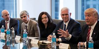 Jeff Bezos, CEO of Amazon, Larry Page, CEO of Alphabet Inc. (parent company of Google), Sheryl Sandberg, CEO of Facebook, Vice President-elect Mike Pence listen as President-elect Donald Trump speaks
