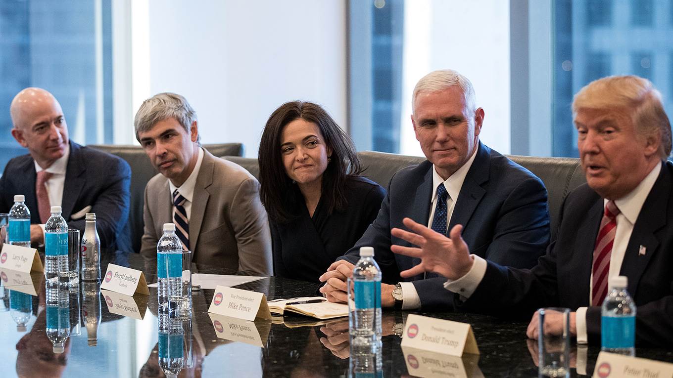 Jeff Bezos, CEO of Amazon, Larry Page, CEO of Alphabet Inc. (parent company of Google), Sheryl Sandberg, CEO of Facebook, Vice President-elect Mike Pence listen as President-elect Donald Trump speaks