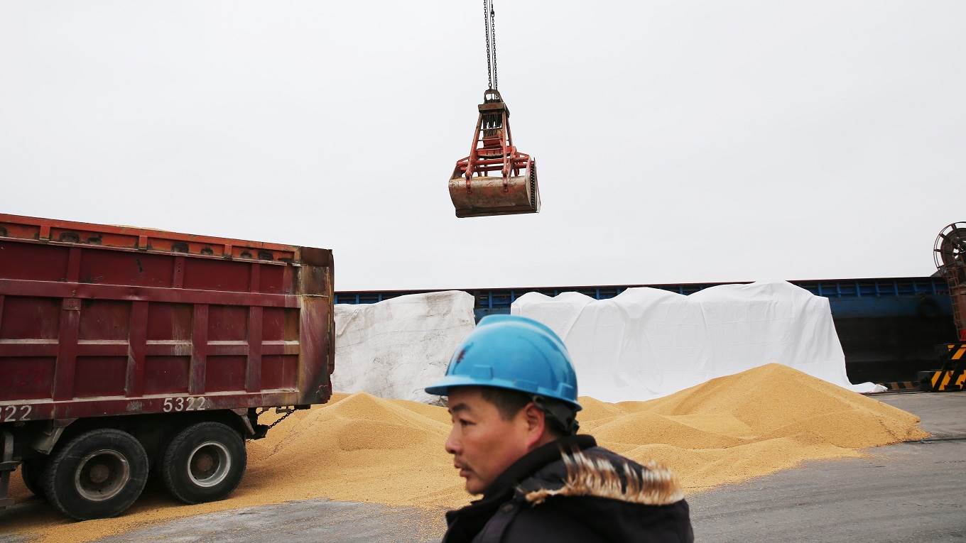 A worker looks on as they load imported soybeans at a port in Nantong in China's eastern Jiangsu province