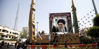 Iranian ballistic missiles Sejjil and Qadr-H are on display at Baharestan Square